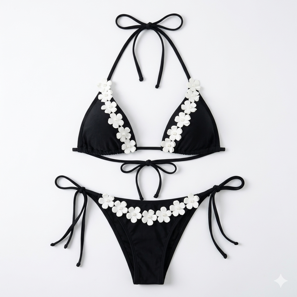 Bikini zwart met witte bloemen
