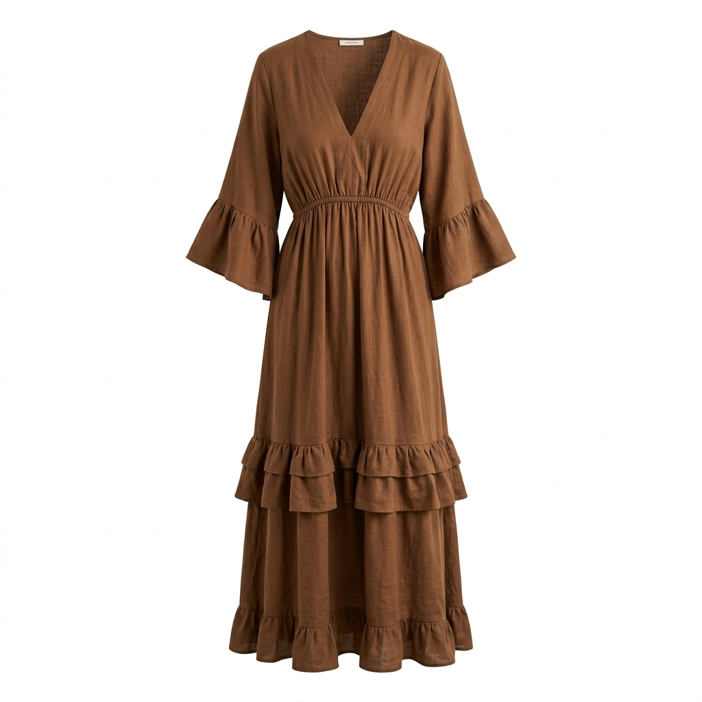Rekbare jurk met ruffles - brown