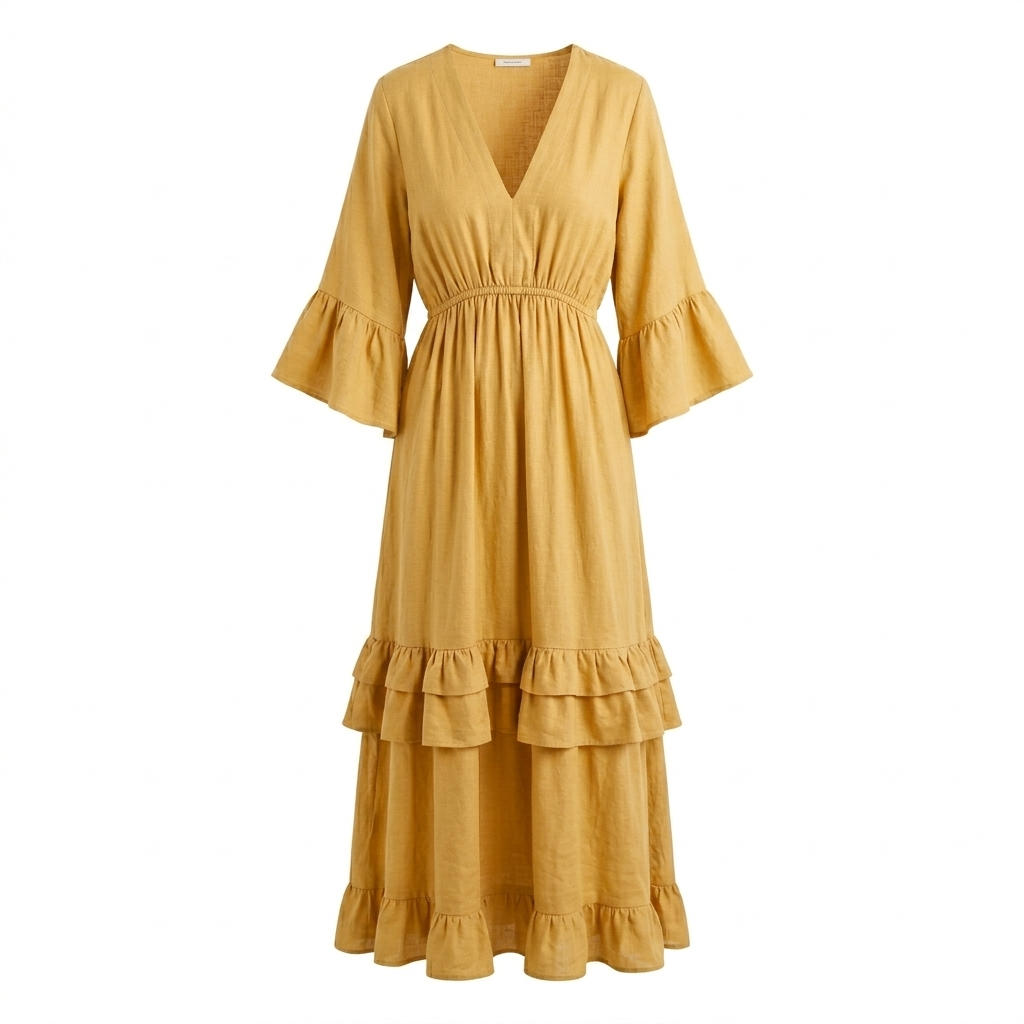 Rekbare jurk met ruffles - yellow
