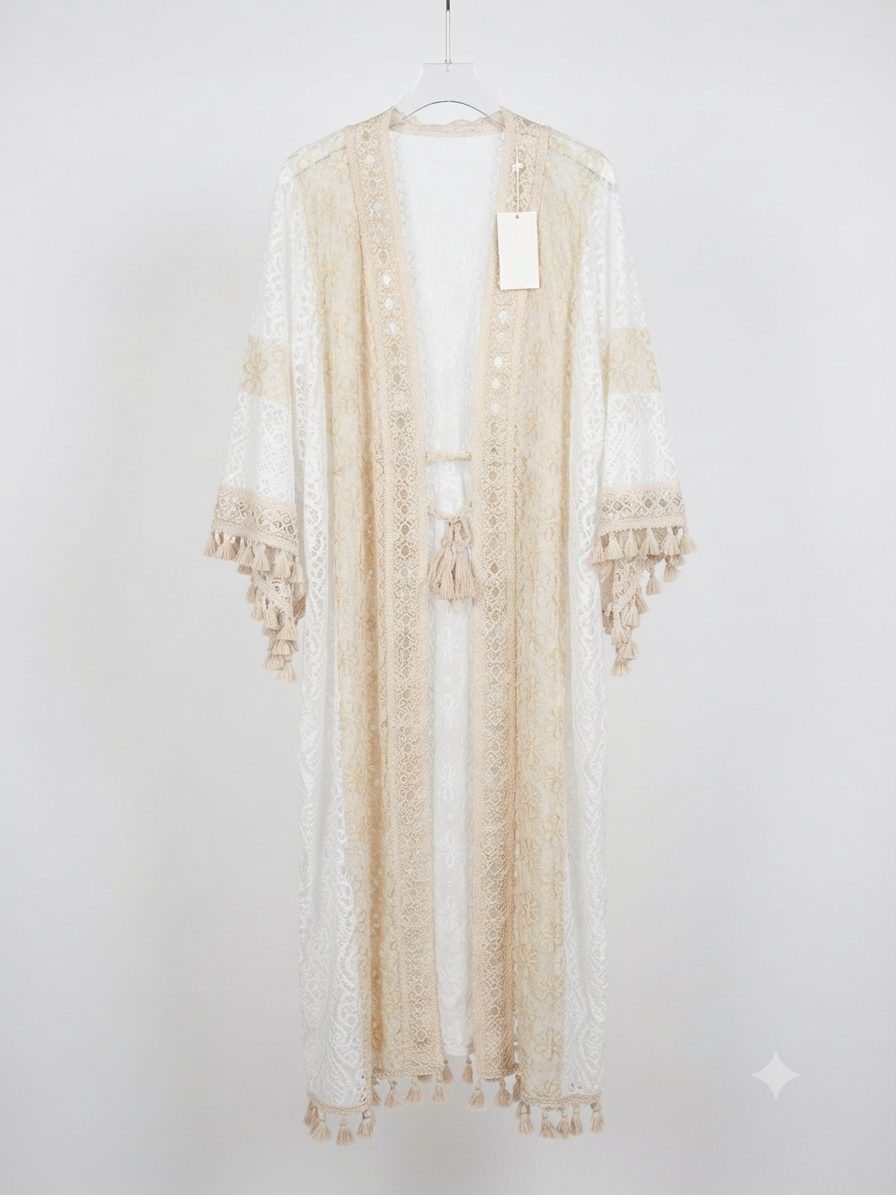 Lange kimono met gouden details en wijde mouwen