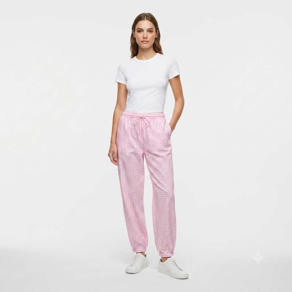 Geruiten rekbare broek van katoen - roze