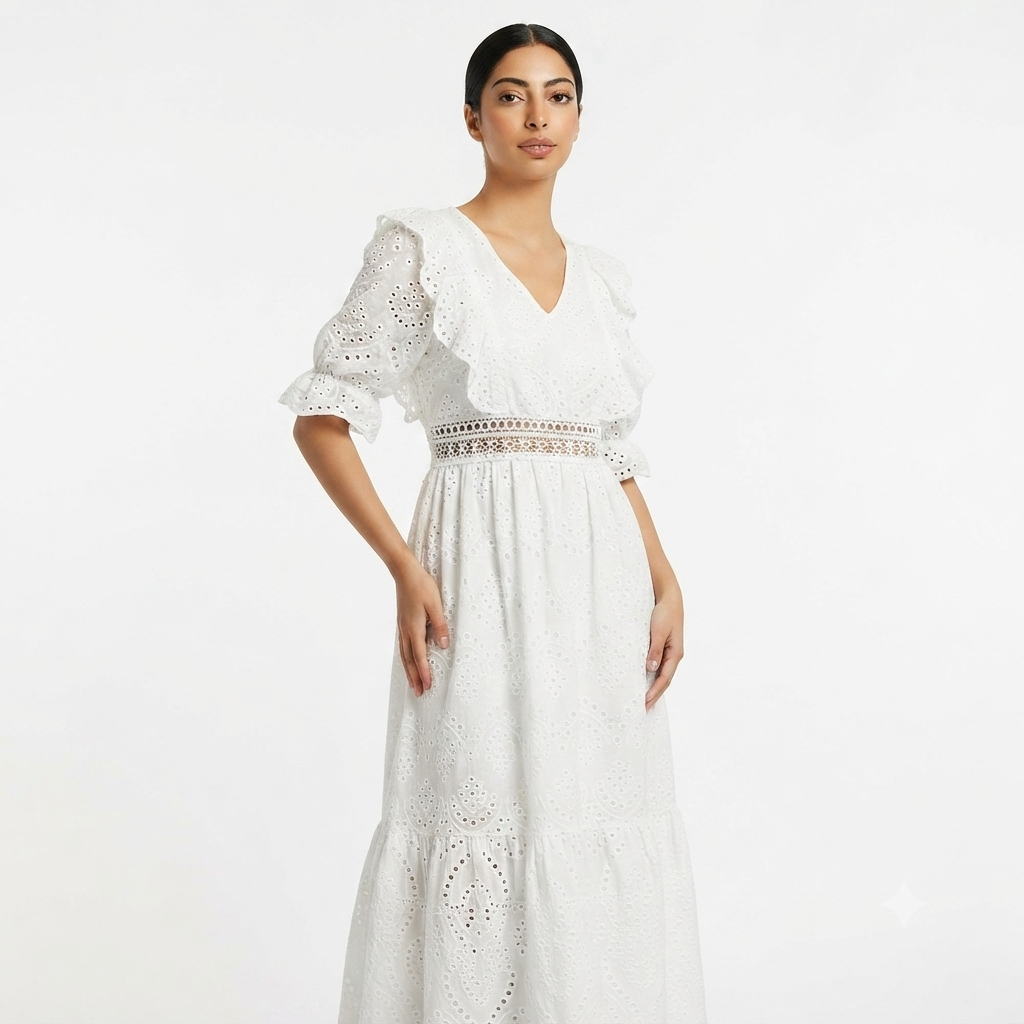 Katoenen maxi jurk met ruffles - wit