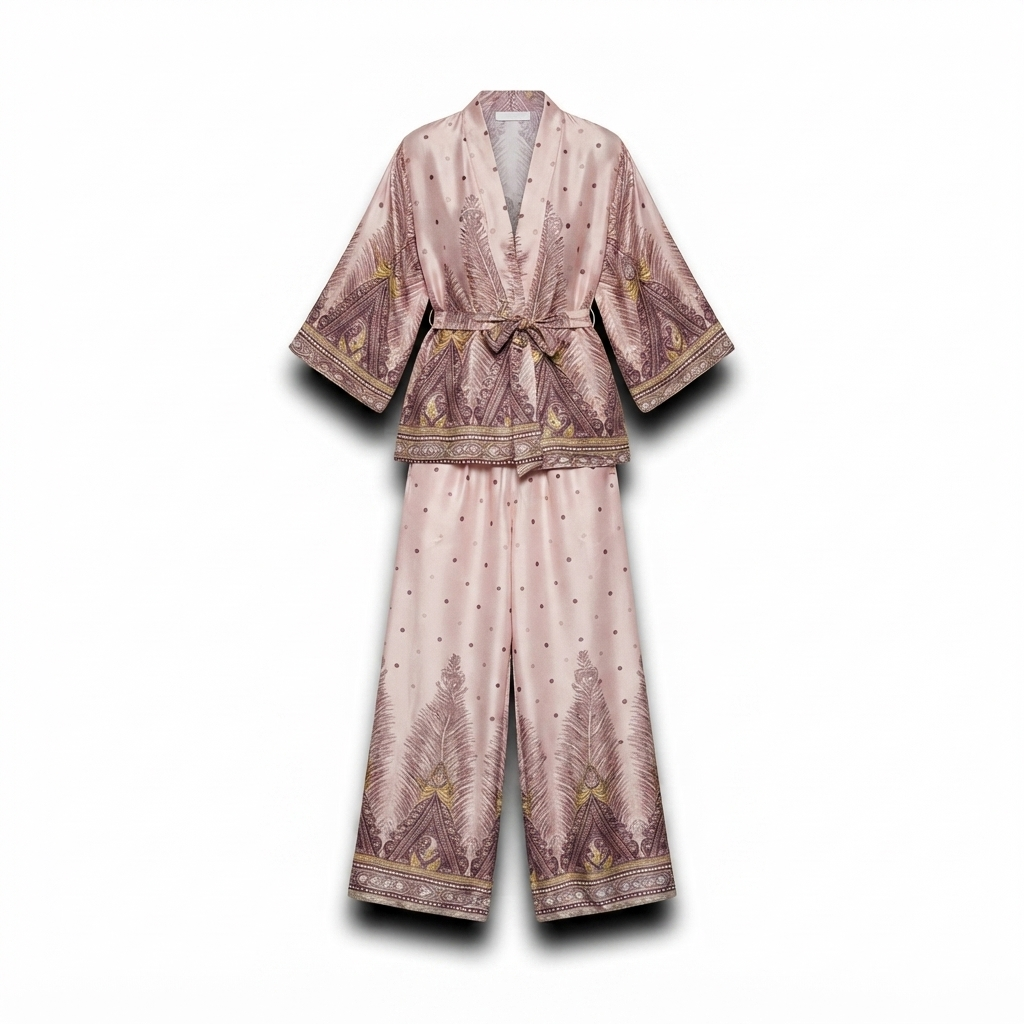 Satijnen broek met oversized kimono print - taupe with yellow