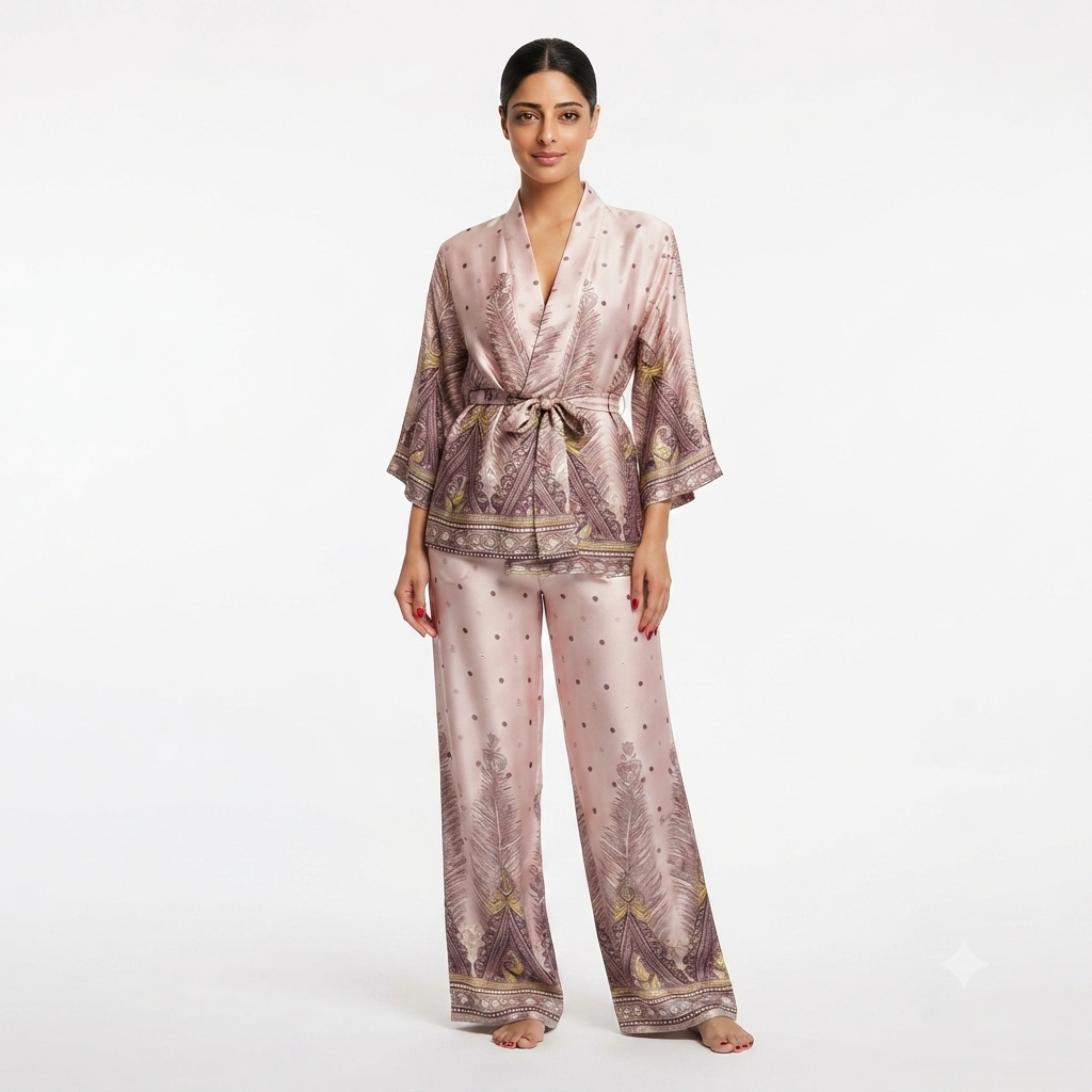 Satijnen broek met oversized kimono print - taupe with yellow