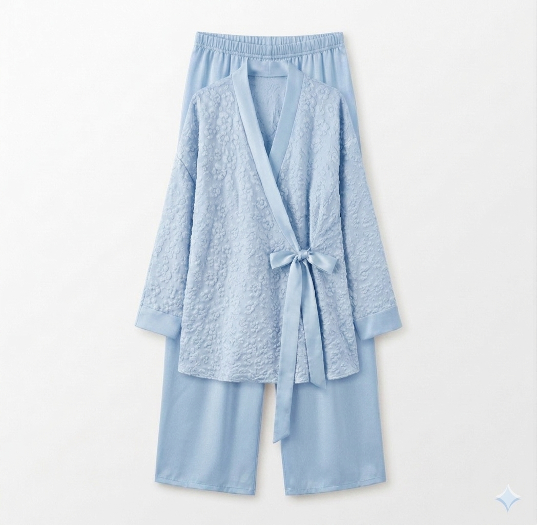 BLOEMEN KIMONO MET SATIJNEN BROEK - licht blauw
