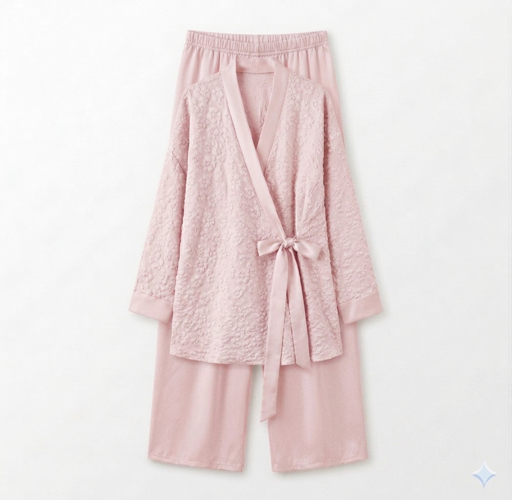 BLOEMEN KIMONO MET SATIJNEN BROEK - licht roze
