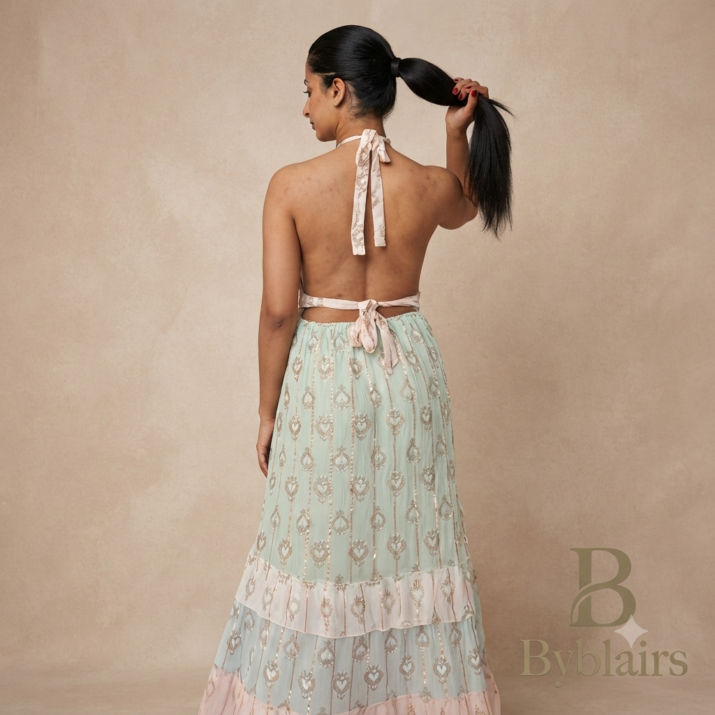Halter jurk met licht groen en licht roze gouden details
