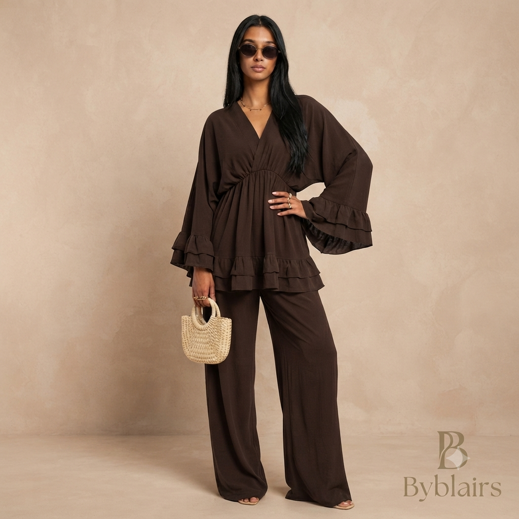 Dames Loungewear Set: Tuniek met Franjes en Matchende Pantalon - donker bruin