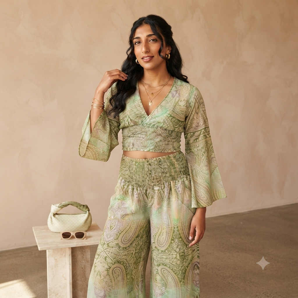 Print broek met rekbare blouse - groen