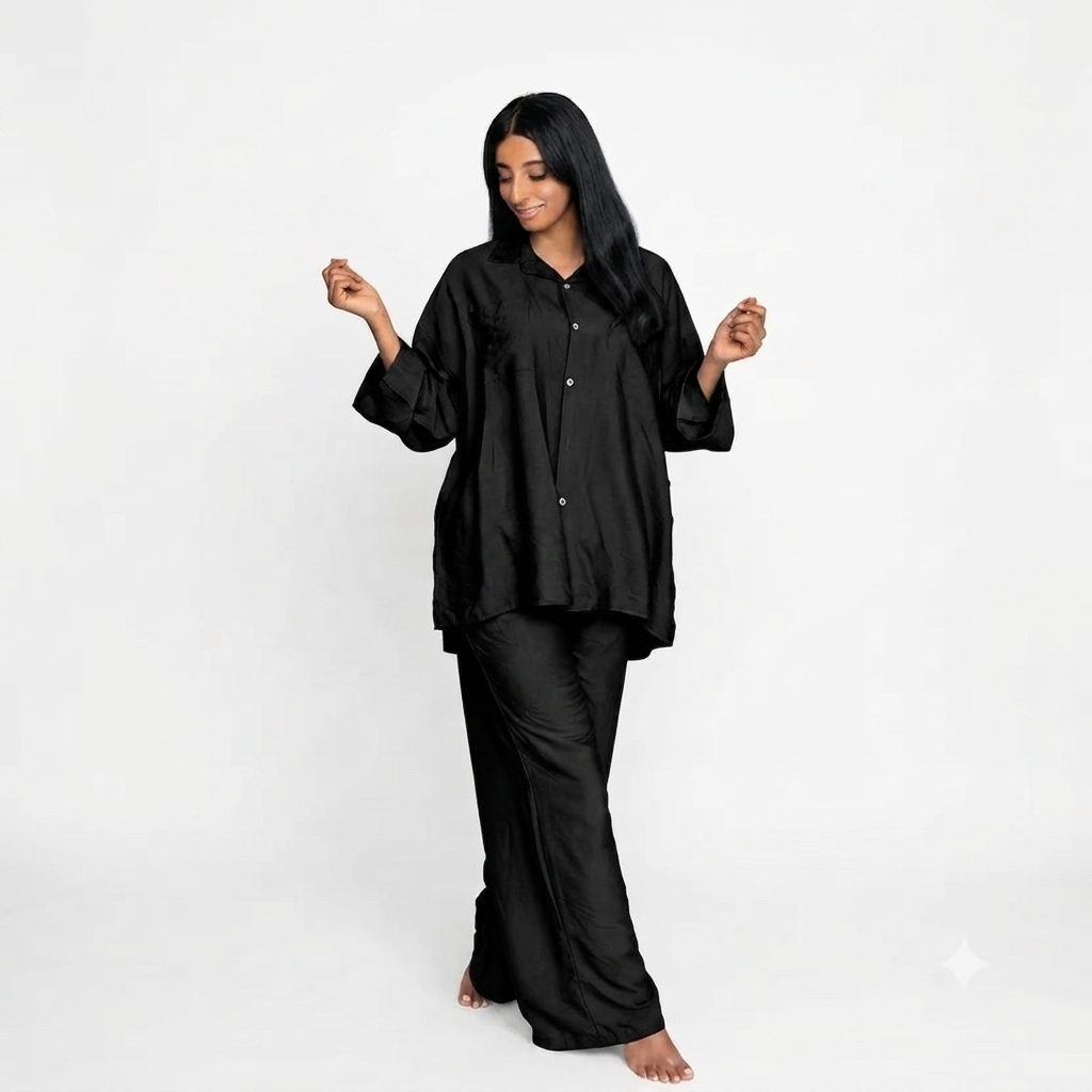 Viscose modest oversized blouse met rekbare broek set - zwart AT7821