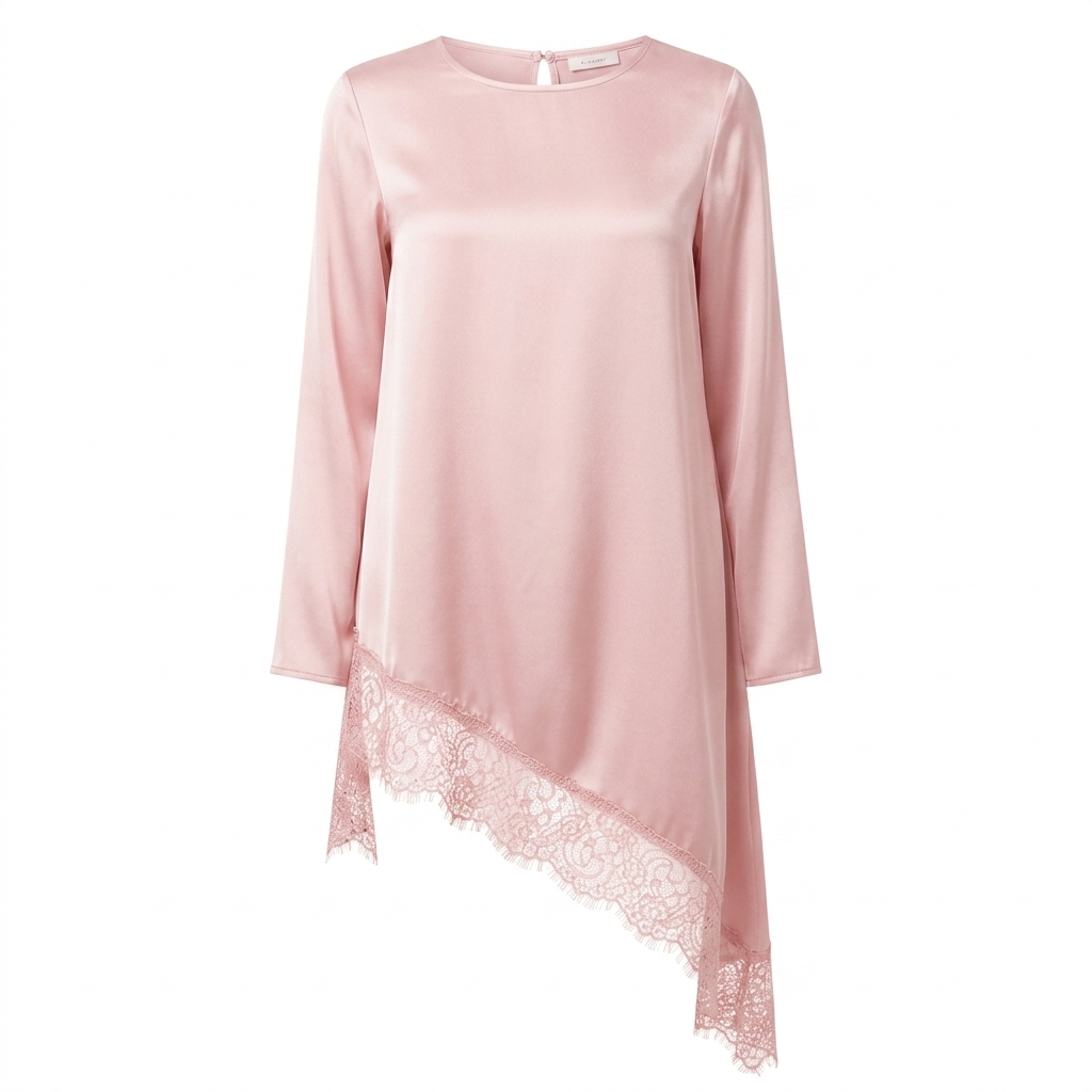 Couture Satijn met Kant Detail blouse - licht roze (extra long)