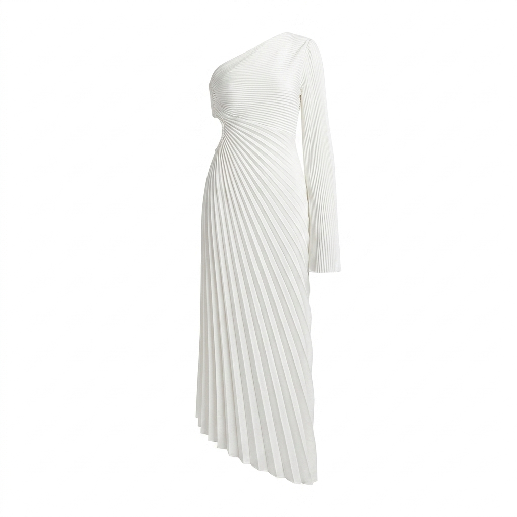 Statement Pleated One-Shoulder Maxi-Jurk – white