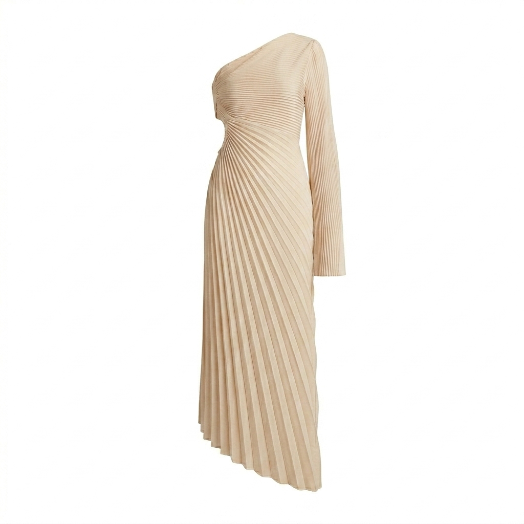 Statement Pleated One-Shoulder Maxi-Jurk – beige
