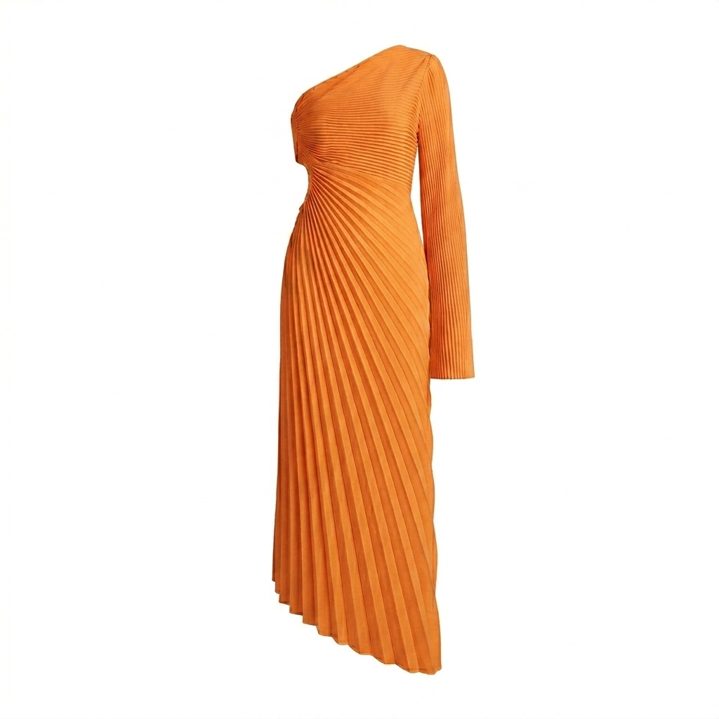 Statement Pleated One-Shoulder Maxi-Jurk – Sunset Orange