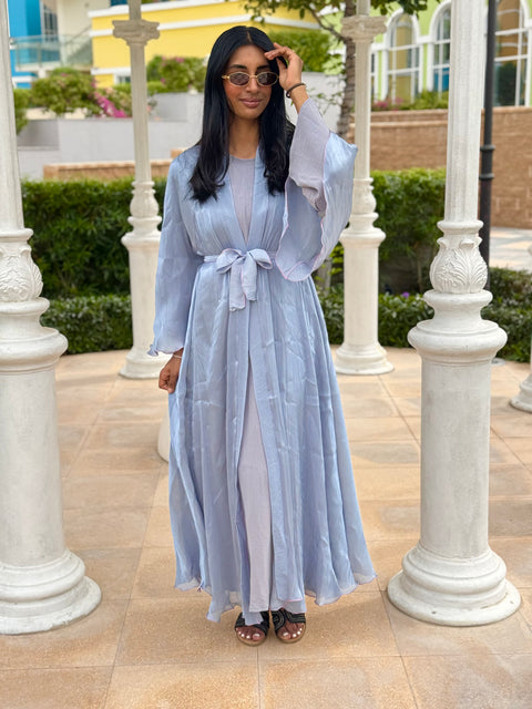 Dubai abaya baby blue with pink details dress and kimono