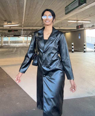 Inaya leren look manteljas zwart