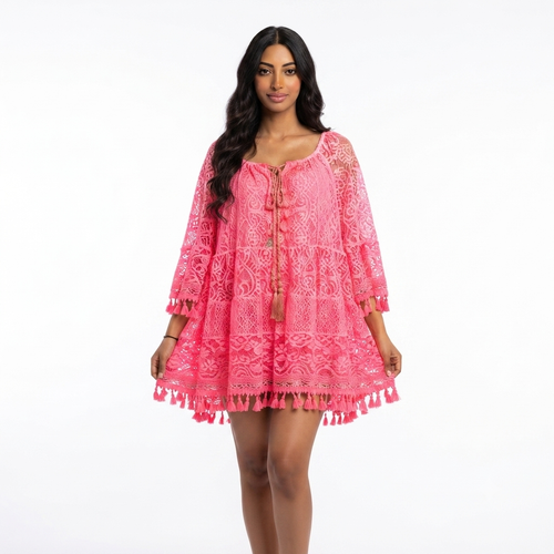 Katoenen boho midi dress pink met blauwe details
