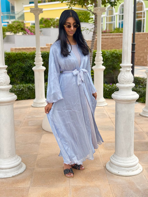 Dubai abaya baby blue with pink details dress and kimono