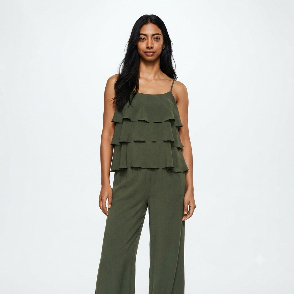 Ruffles blouse met rekbare broek - kaki