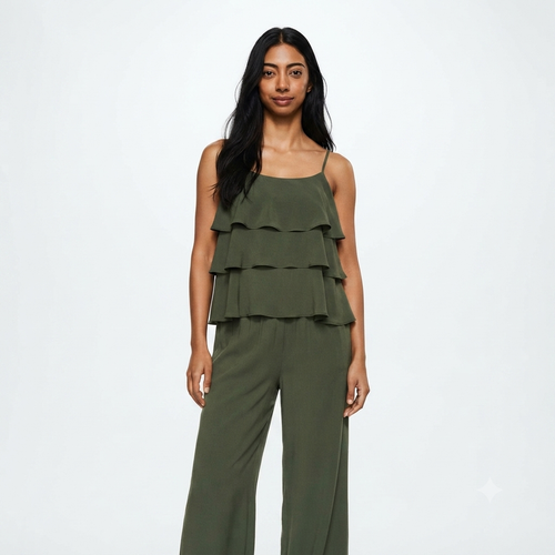 Ruffles blouse met rekbare broek - kaki