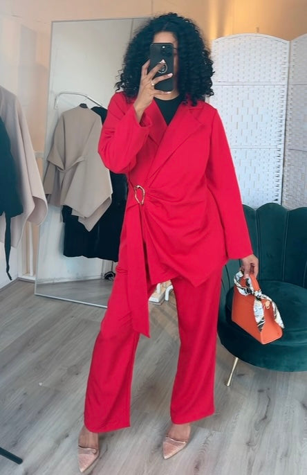 Blazer met rekbare pantalon zilver speltje rood