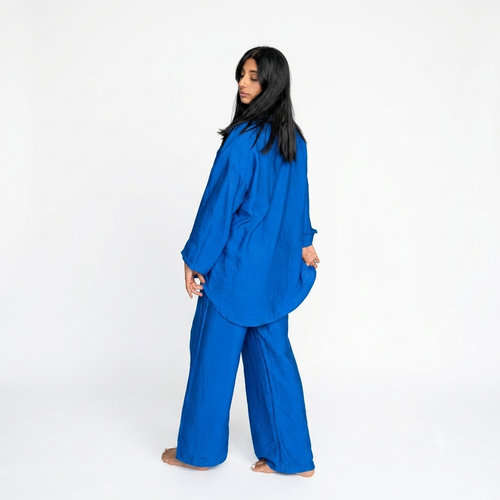 Viscose modest oversized blouse met rekbare broek set - kobalt blauw