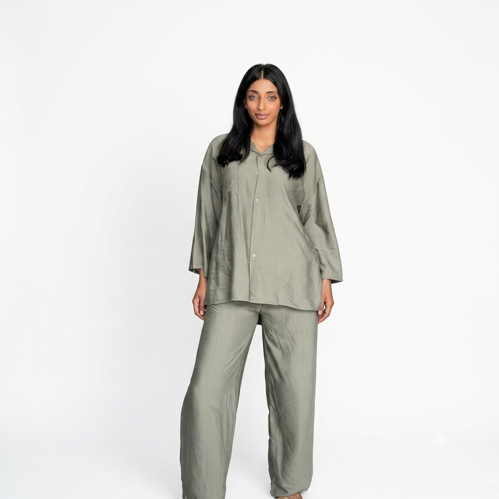 Viscose modest oversized blouse met rekbare broek set - kaki