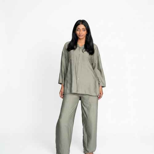 Viscose modest oversized blouse met rekbare broek set - kaki