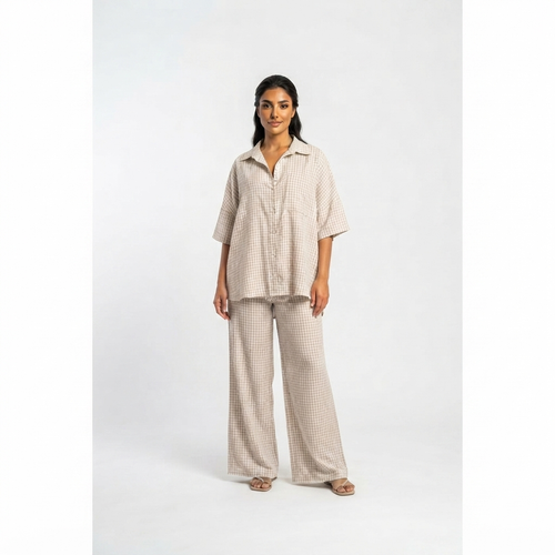 Geruiten oversized blouse met wijde broek van katoen - taupe