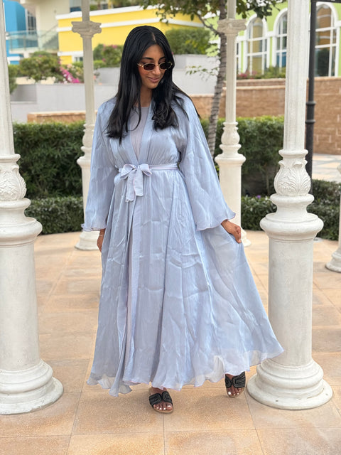 Dubai abaya baby blue with pink details dress and kimono