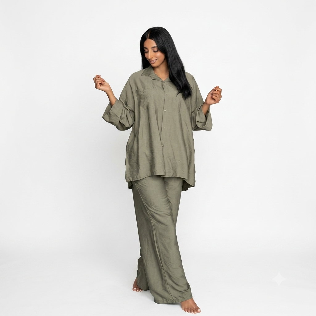 Viscose modest oversized blouse met rekbare broek set - kaki