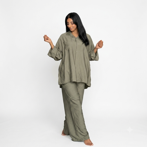 Viscose modest oversized blouse met rekbare broek set - kaki