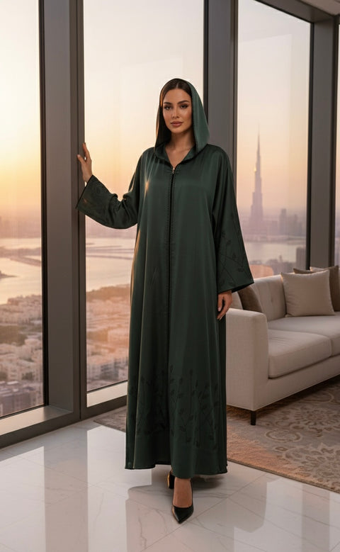 Dubai abaya donker groen met zwarte steentjes - 9021