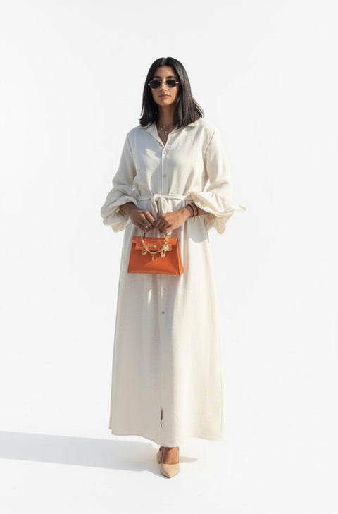 Zomer jurk van viscose met ruffles mouwen beige - 10010