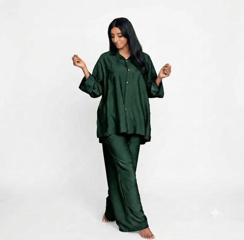Viscose modest oversized blouse met rekbare broek set - donker groen AT7821