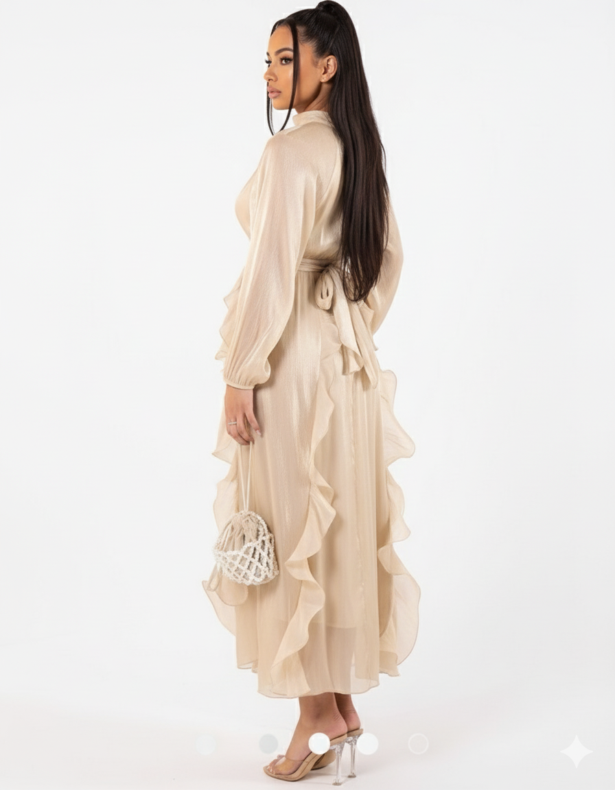 Satijnen abaya met franjes - champagne