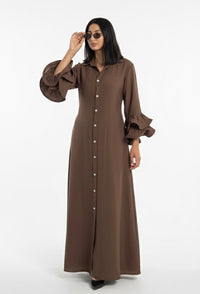 Zomer jurk van viscose met ruffles mouwen bruin - 10010