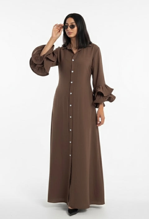 Zomer jurk van viscose met ruffles mouwen bruin - 10010