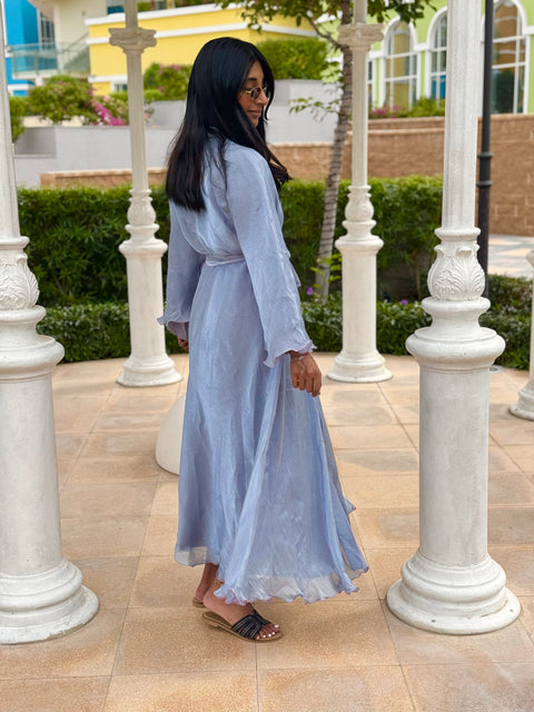 Dubai abaya baby blue with pink details dress and kimono