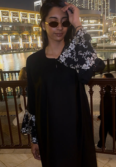 Dubai marina abaya white black with stones