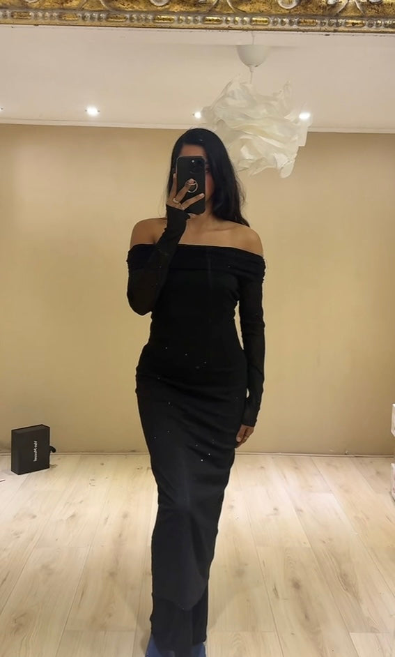 Valentine glitter offshoulder jurk zwart