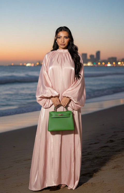 Satijnen Hooggesloten Maxi-Jurk - roze 92566