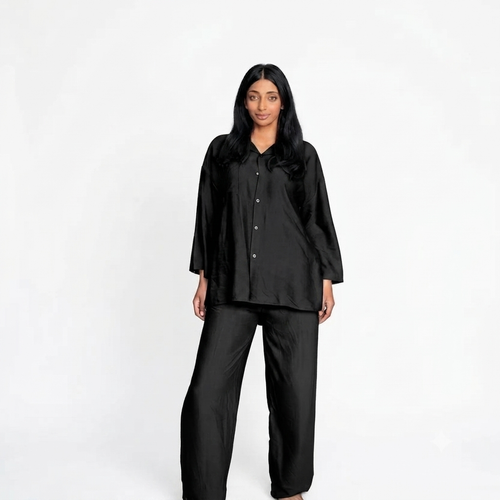 Viscose modest oversized blouse met rekbare broek set - zwart AT7821