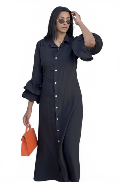 Zomer jurk van viscose met ruffles mouwen zwart - 10010