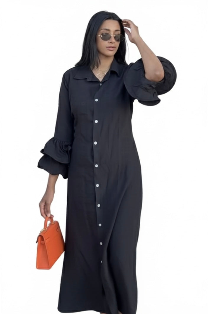 Zomer jurk van viscose met ruffles mouwen zwart - 10010