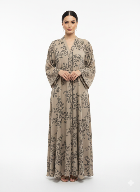 Abaya licht taupe met bloemen patronen - dubai cl102