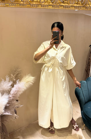 BLOUSE JURK CREAM MET WITTE STREPEN