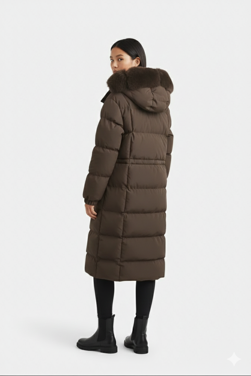 Lange winterjas met bont aan kraag en voorkant - donker bruin FC7618