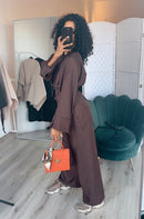 Overslag kimono met broek donker bruin