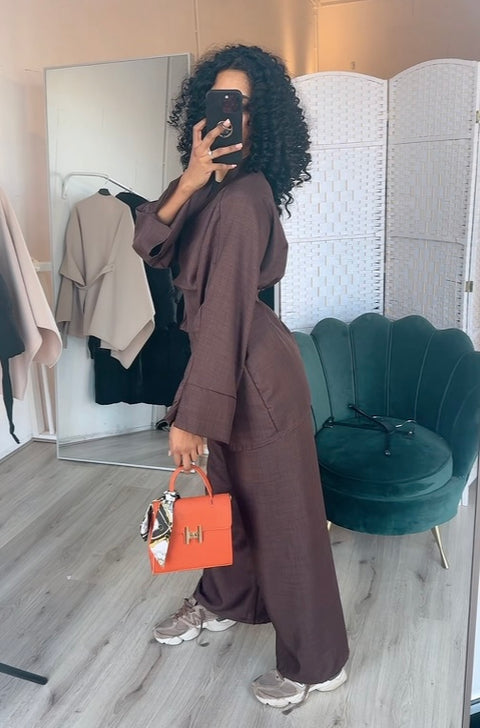 Overslag kimono met broek donker bruin